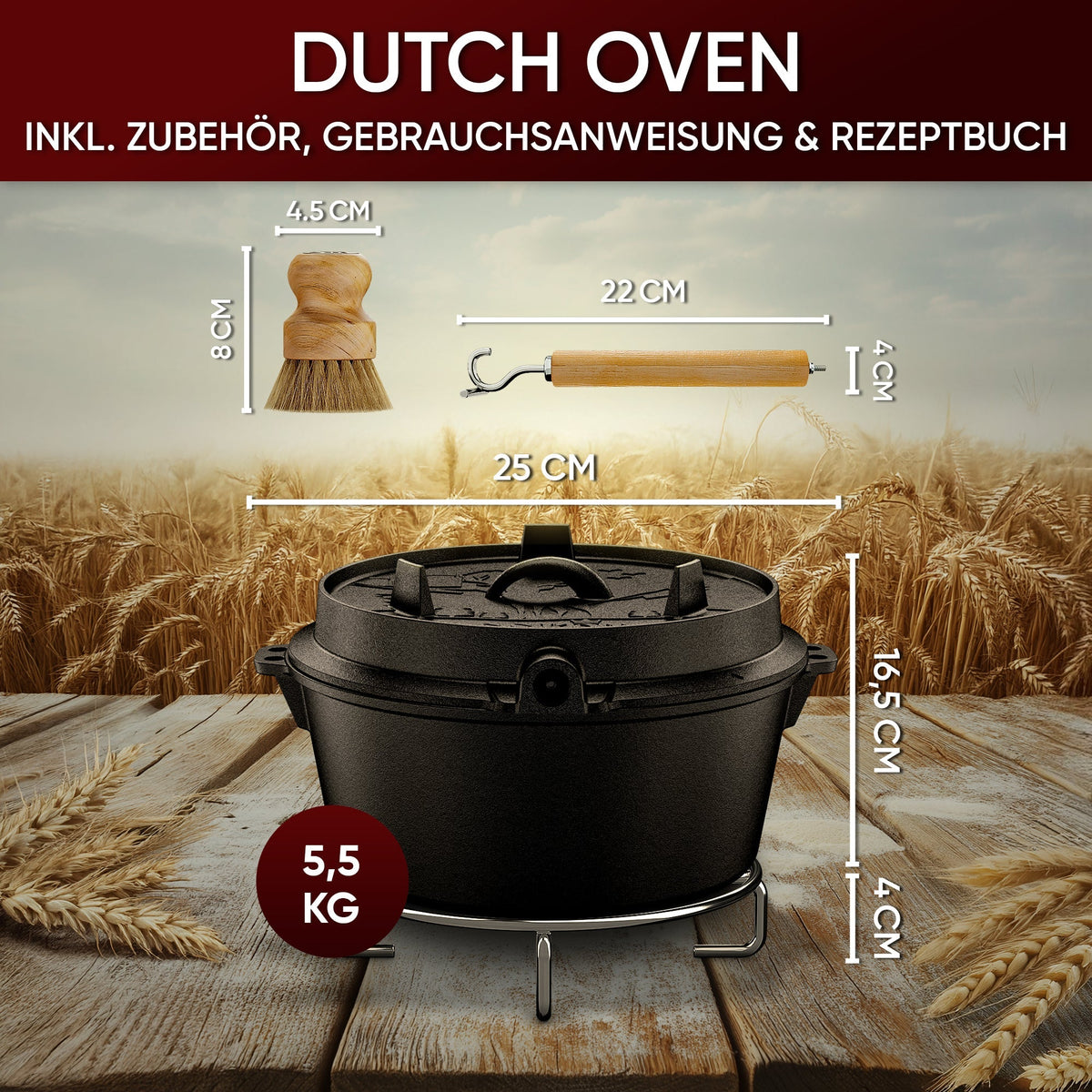 Gusskönig Gusseisen Brotbackform mit Deckel 26 cm - Brotbacktopf inkl. Rezeptbuch [4.5L, 9L, 12L]