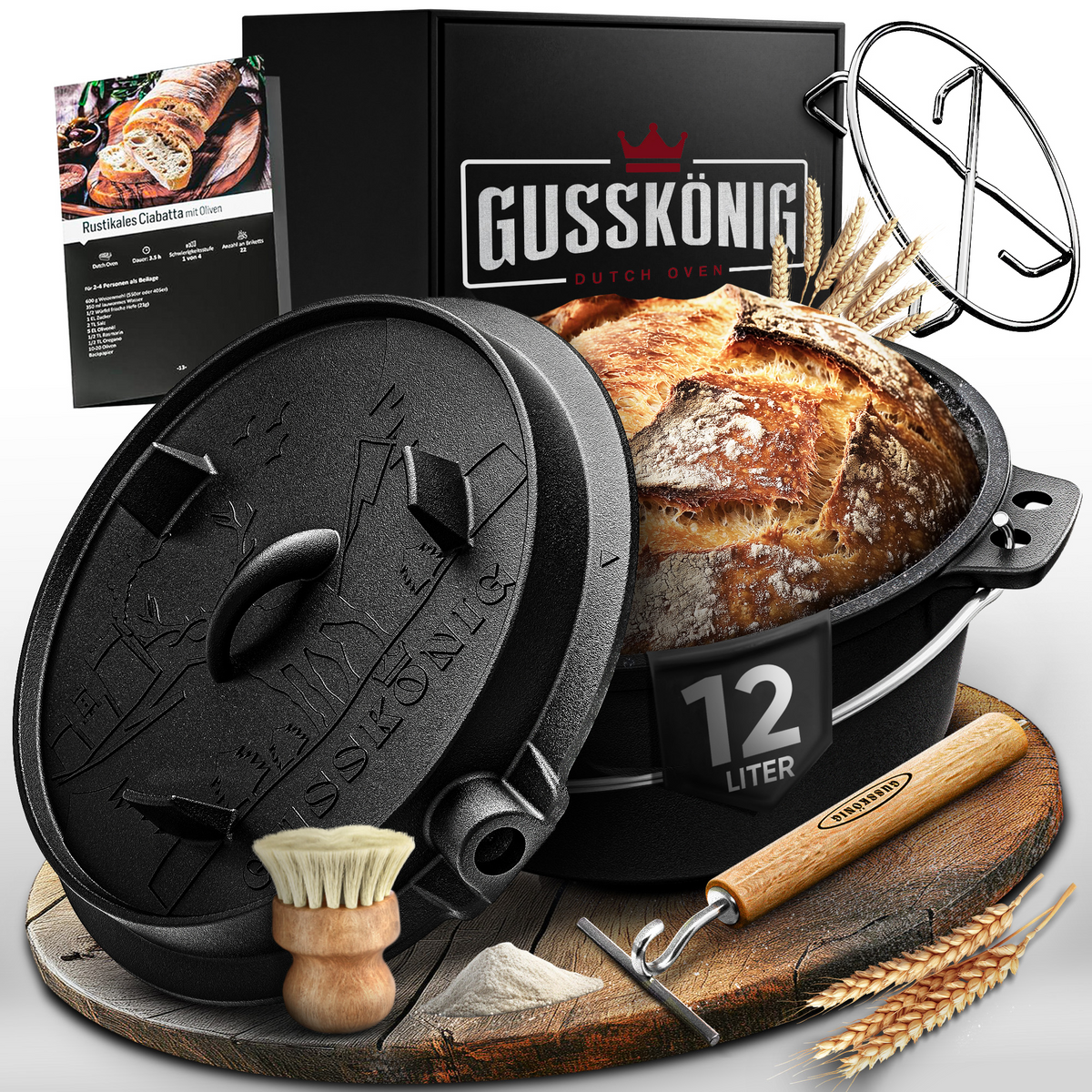 Gusskönig Gusseisen Brotbackform mit Deckel 26 cm - Brotbacktopf inkl. Rezeptbuch [4.5L, 9L, 12L]