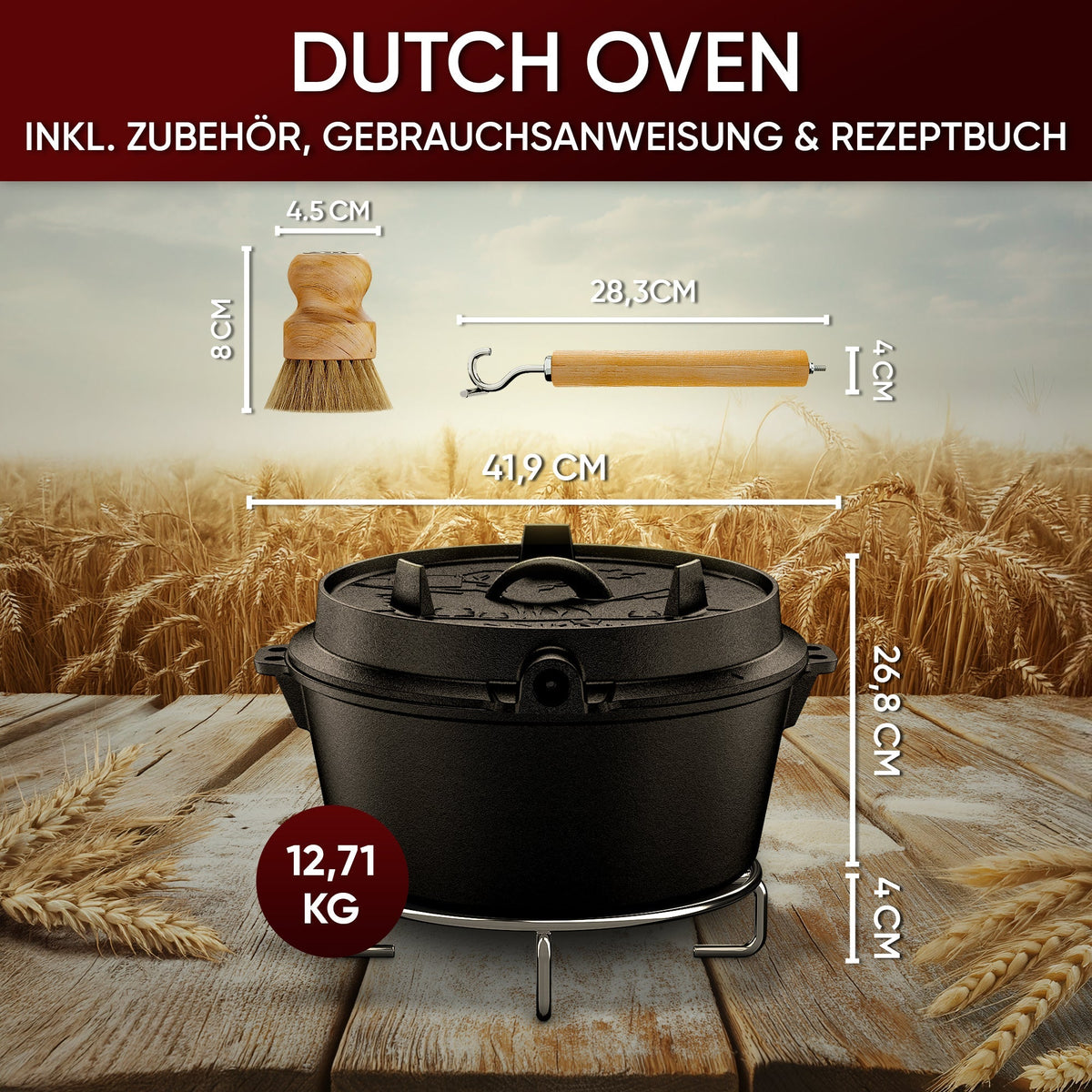 Gusskönig Gusseisen Brotbackform mit Deckel 26 cm - Brotbacktopf inkl. Rezeptbuch [4.5L, 9L, 12L]