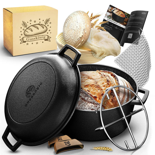 2in1 Dutch Oven: 4,8L Topf + 1,8L Pfanne, Gusseisen, eingebrannt, mit Deckel, Zubehör & Kochbuch