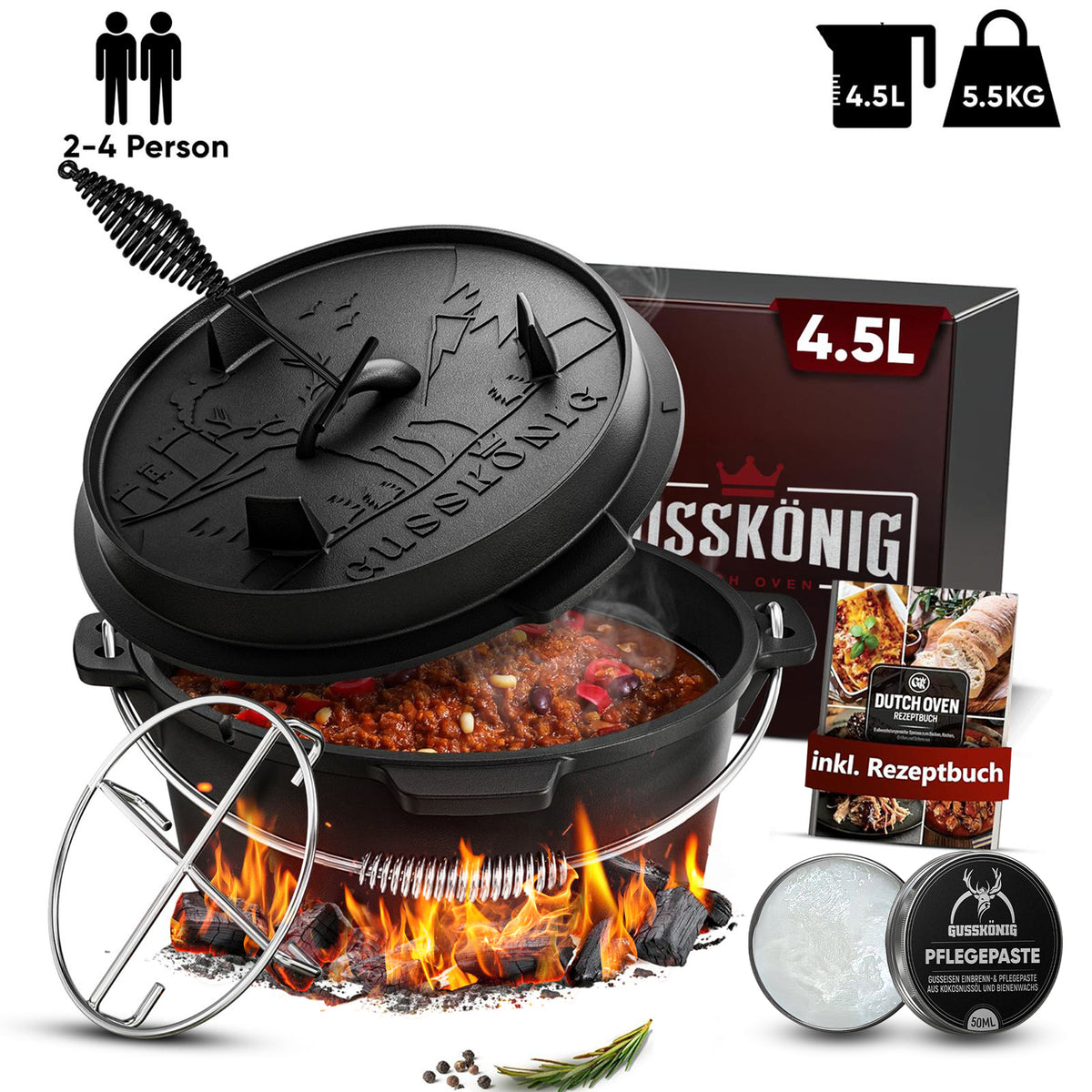 Rustikaler Dutch Oven mit Deckelheber und Standfüßen