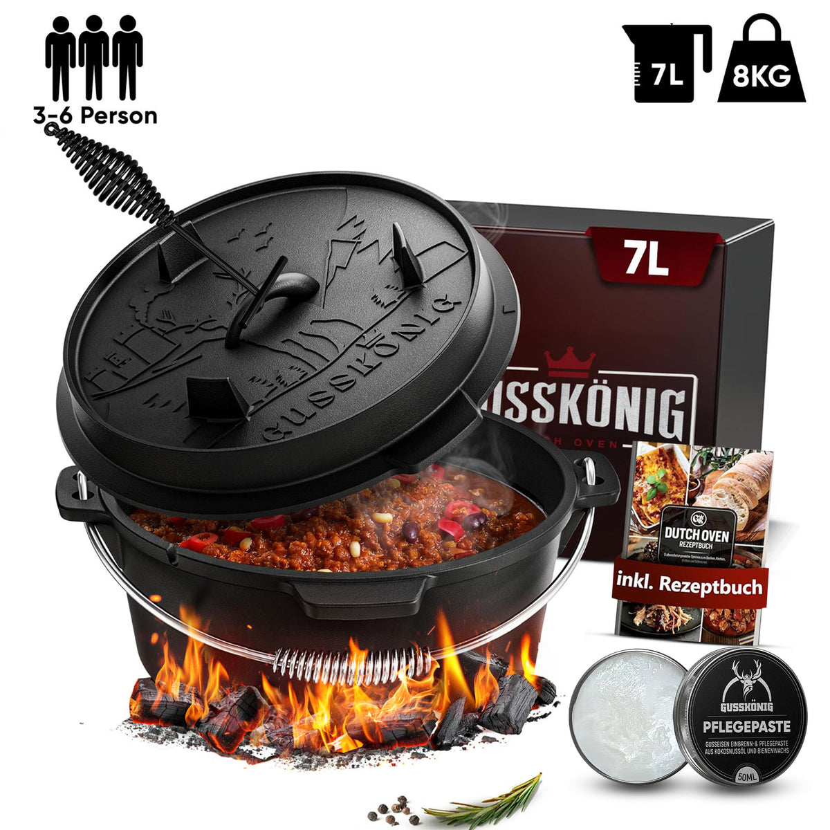Rustikaler Dutch Oven mit Deckelheber und Standfüßen