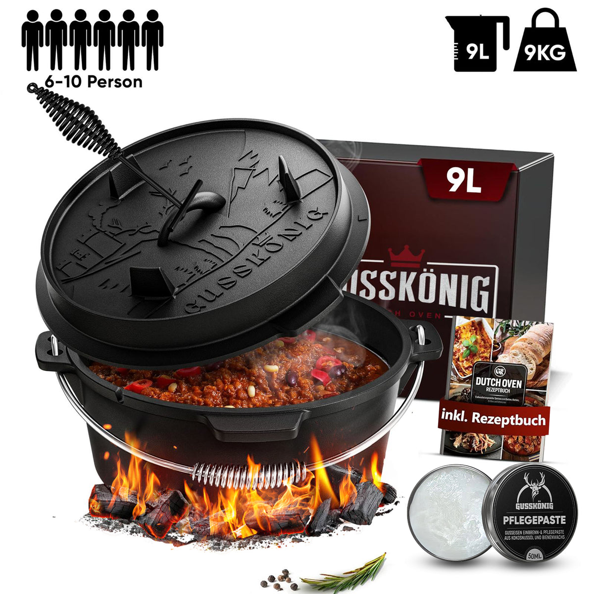 Rustikaler Dutch Oven mit Deckelheber und Standfüßen