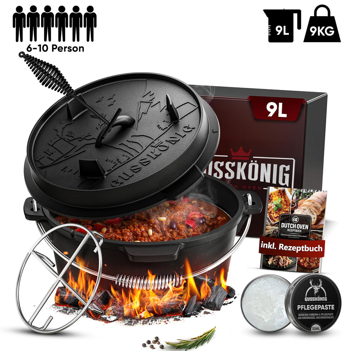 Rustikaler Dutch Oven mit Deckelheber und Standfüßen
