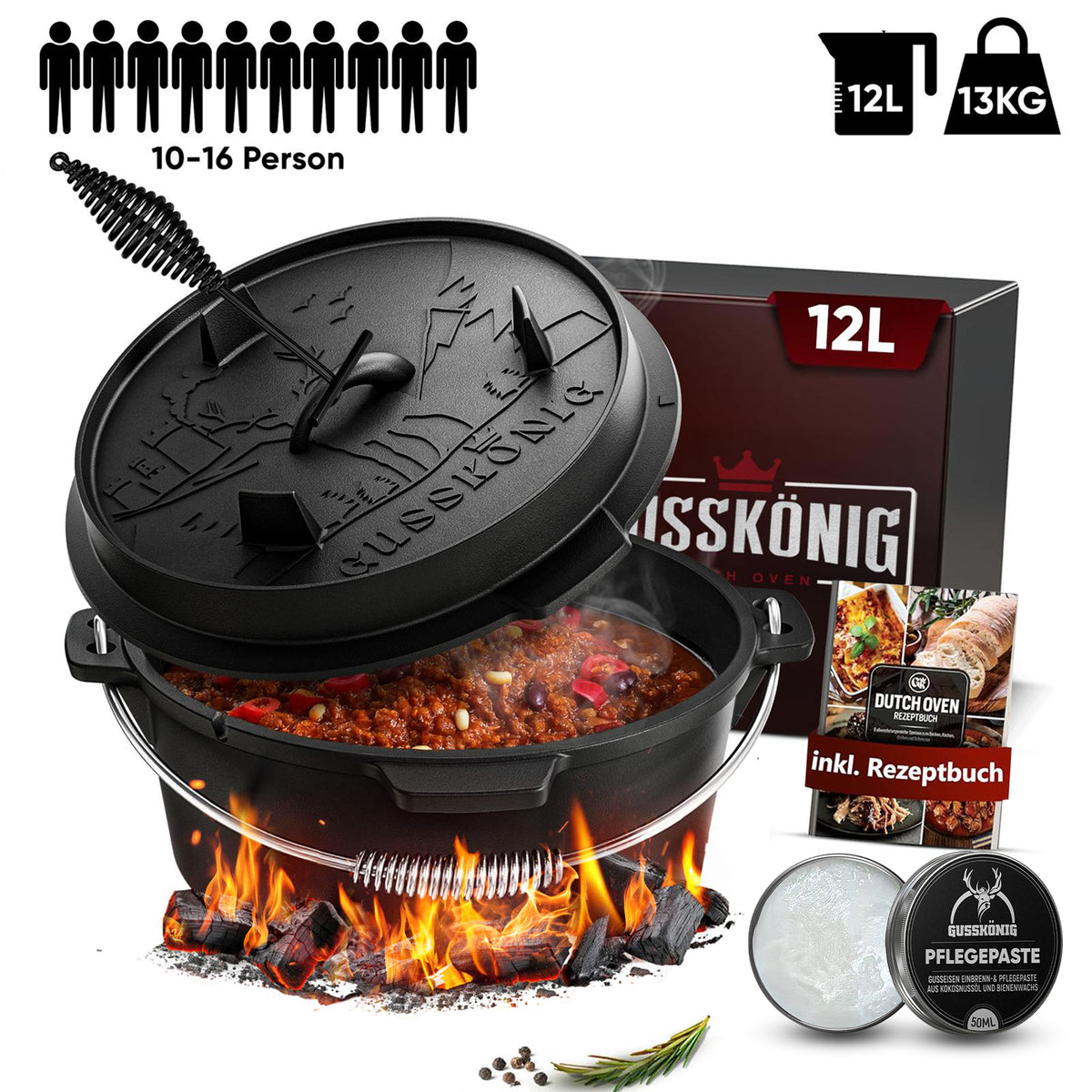 Rustikaler Dutch Oven mit Deckelheber und Standfüßen