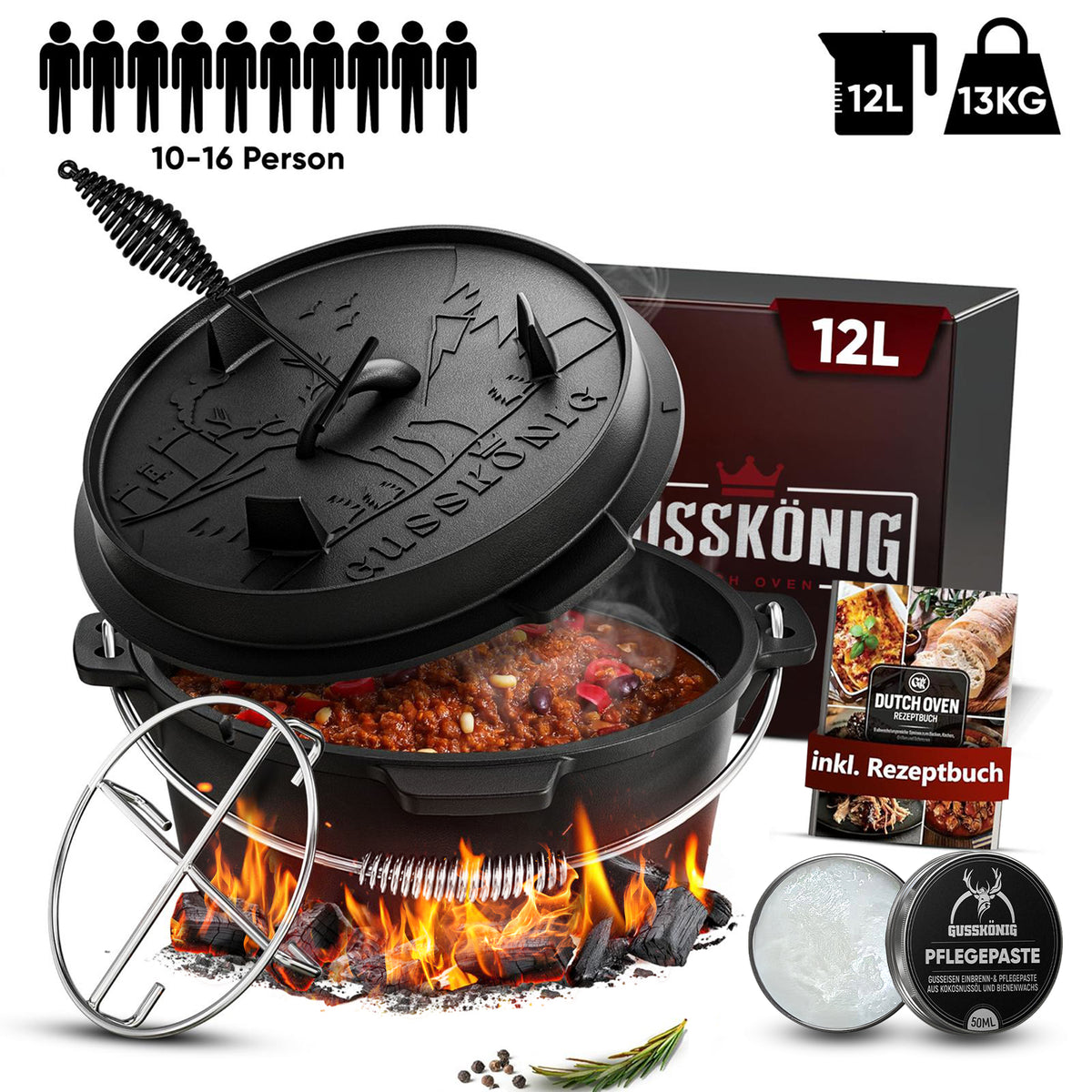Rustikaler Dutch Oven mit Deckelheber und Standfüßen