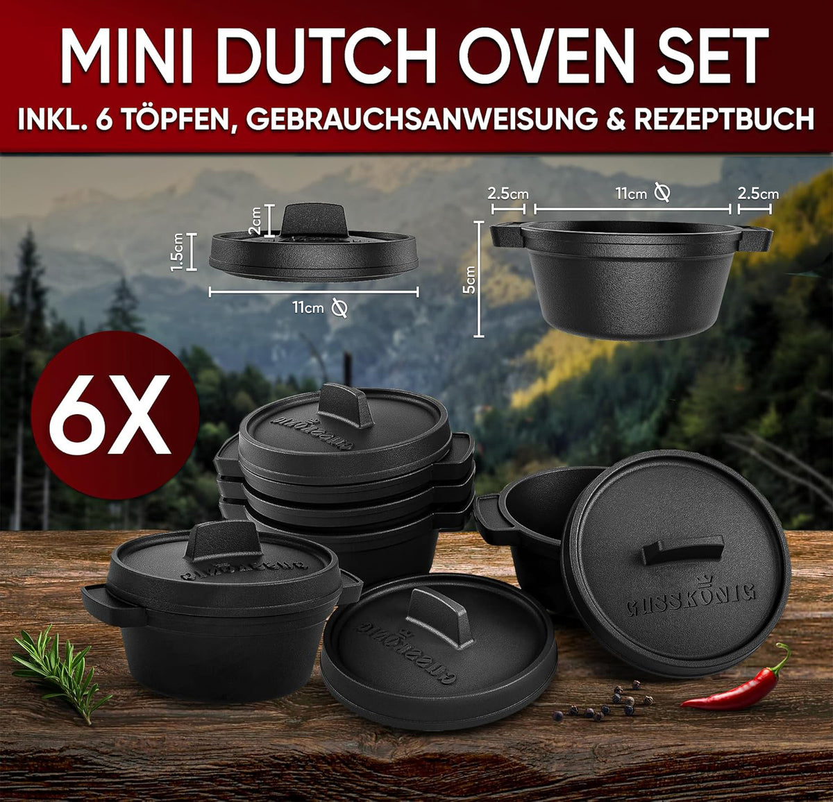Dutch Oven Set Mini- 6x 300ml & 4x 300ml Gusseisen Mini Topf mit Deckel