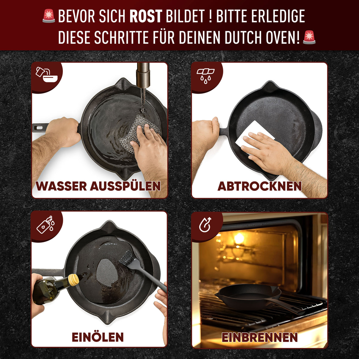 Bratpfanne mit Edelstahl Ringreiniger und Leder-Griffschutz [26cm,30cm]