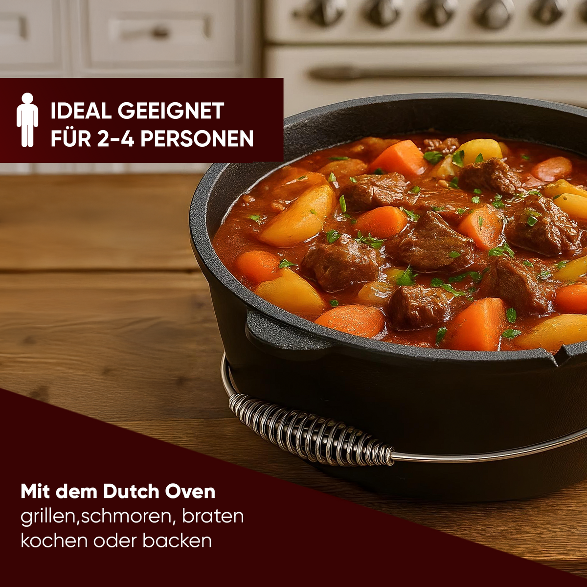 Rustikaler Dutch Oven mit Deckelheber und Standfüßen