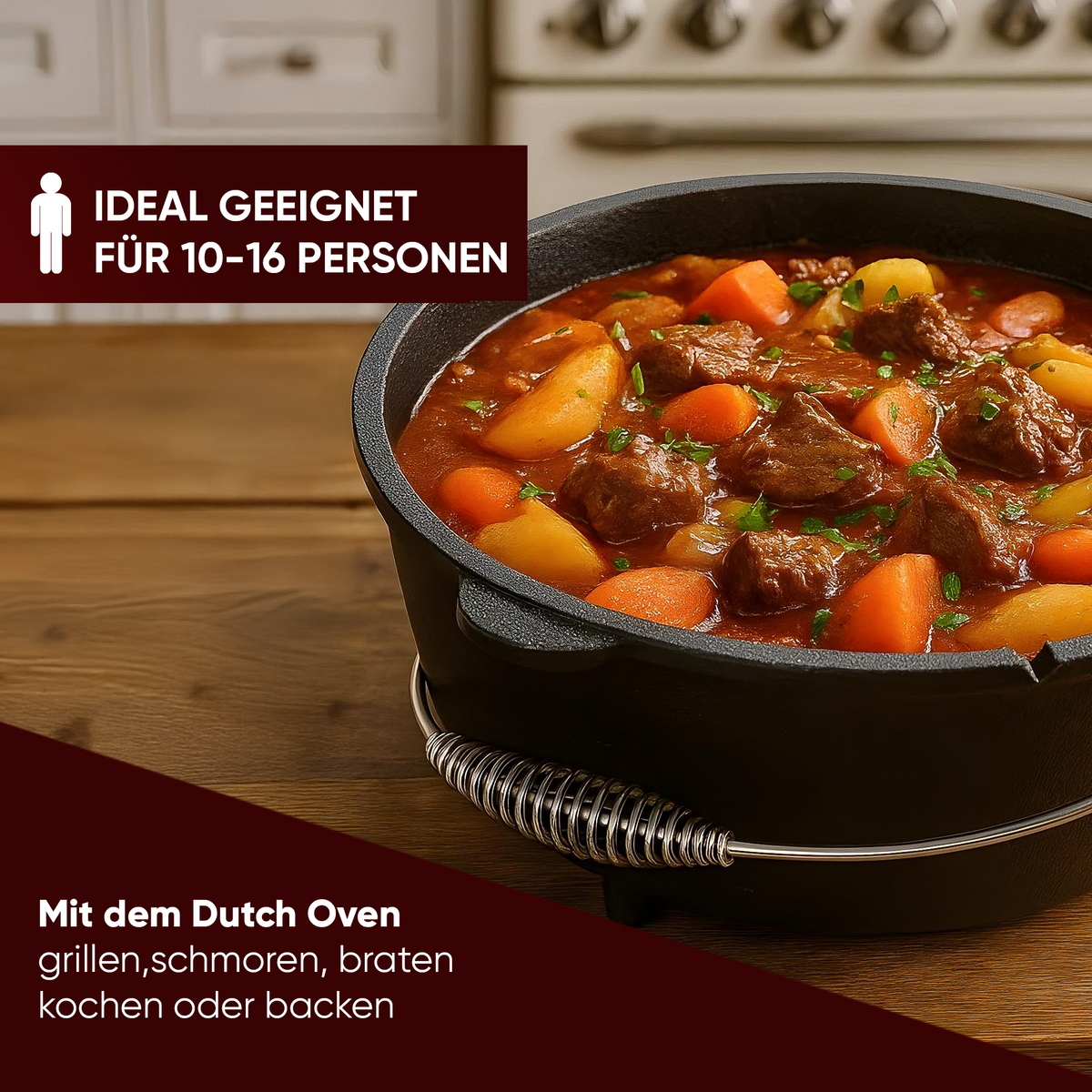 Rustikaler Dutch Oven mit Deckelheber und Standfüßen