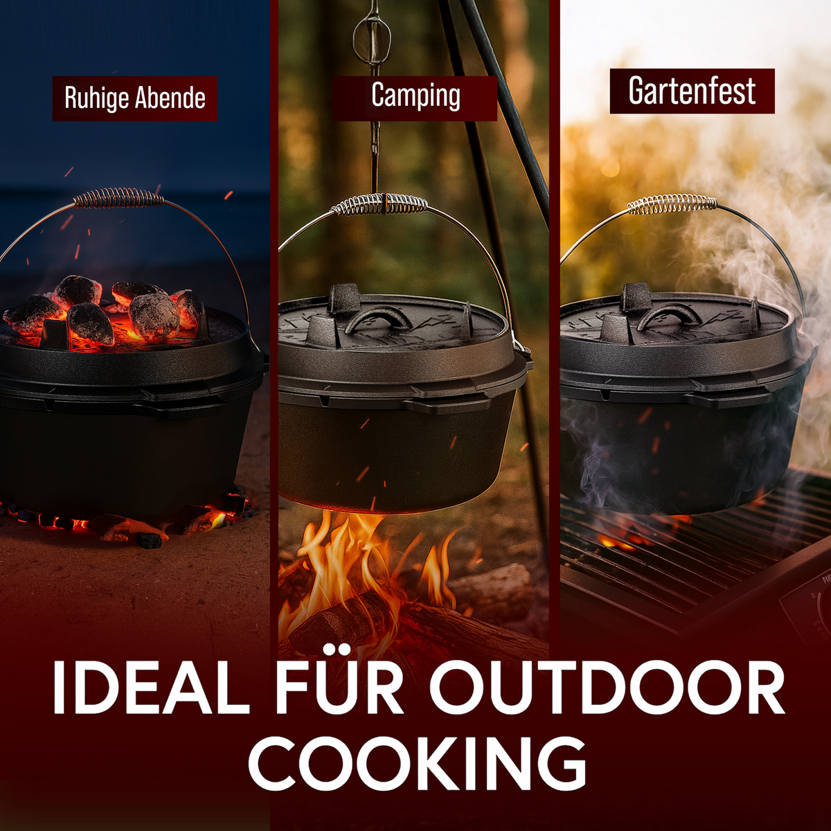 Rustikaler Dutch Oven mit Deckelheber und Standfüßen