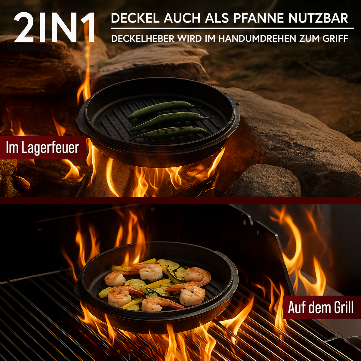 Rustikaler Dutch Oven mit Deckelheber und Standfüßen