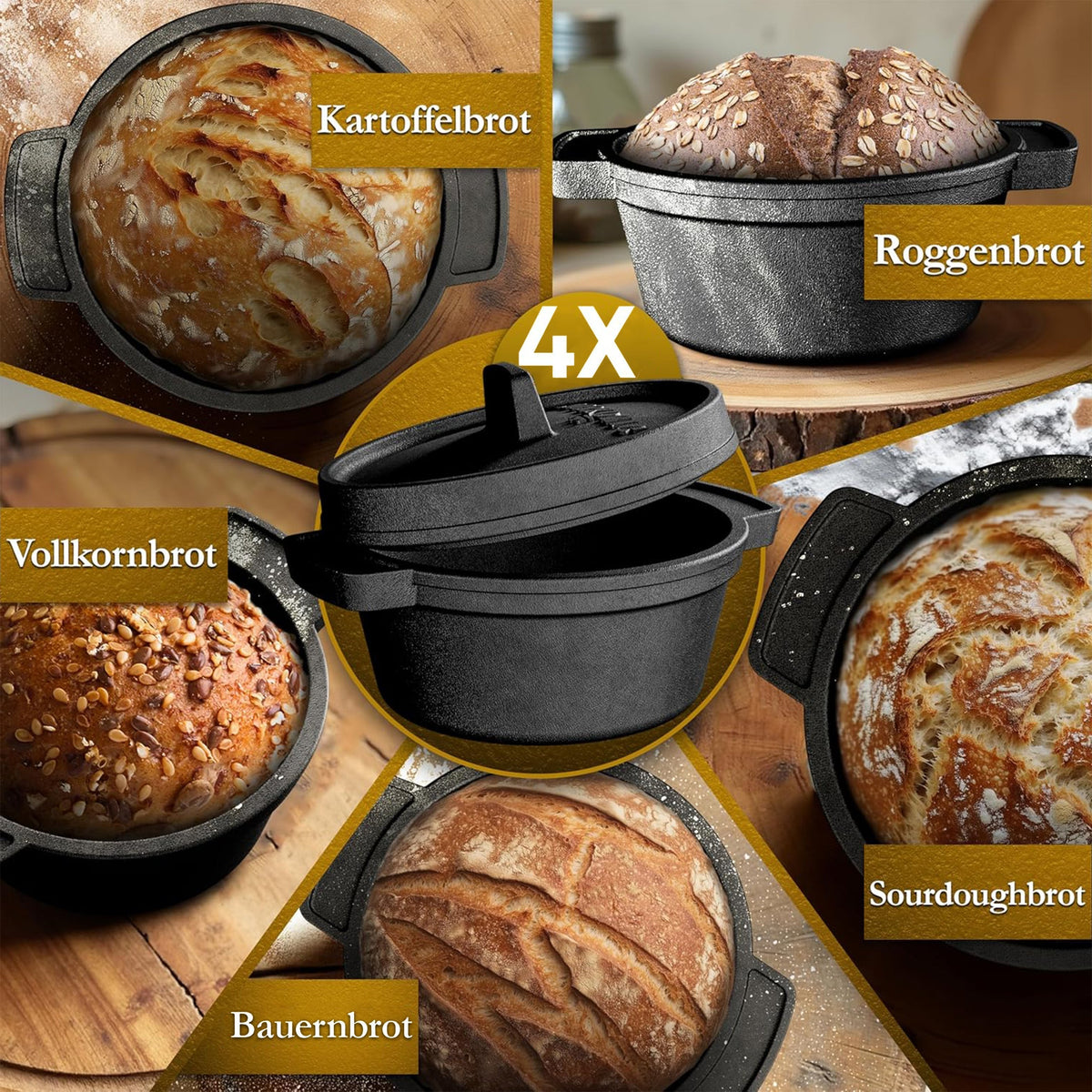 GUSSKÖNIG Mini Gusseisen Brotbackform Set – [6x, 4x] 300ml Brotbacktopf mit Deckel