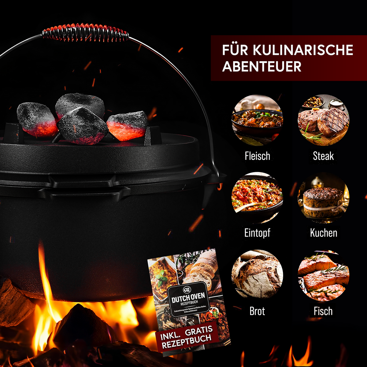 Rustikaler Dutch Oven mit Deckelheber und Standfüßen